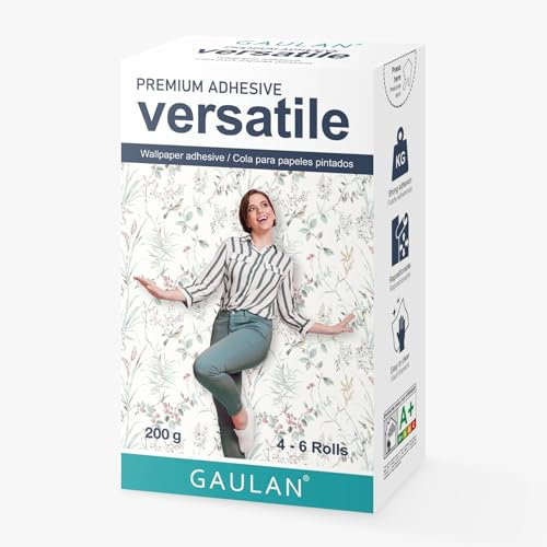 GAULAN Premium Adhesive VERSATILE Cola para papel pintado en polvos para empapelar todo tipos de papeles pintados, normales, vinílicos y no tejidos. Metilcelulosa Caja de 200 g