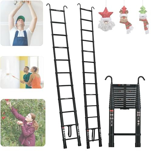 3.2M/10.5FT Telescopic Ladder Portable Loft Ladder, Aluminum Ladders Extendable with 2 Stable Hooks, Non-slip Feet, Multifunctional Attic Ladders for Household Industry Working, 150KG/330LBS Capacity