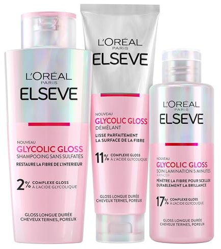 L'Oréal Paris - Komplette Kapillaroutine für dunkles Haar – Shampoo + Entwirrung + Laminierung – Glykolsäure – ohne Sulfate – Elseve Glycolic Gloss – 3 Produkte