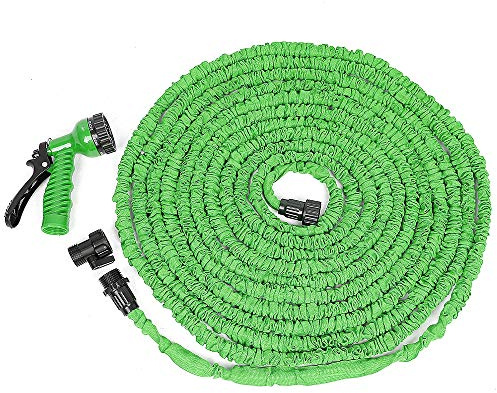 Gartenschlauch, ausziehbar, 15 m, magischer Schlauch, ausziehbar, mit Sprühpistole mit 7 Funktionen, flexibler Wasserschlauch mit Anschlüssen 3/4 Zoll und 1/2 Zoll, auslaufsicher (grün (5 – 15 m)