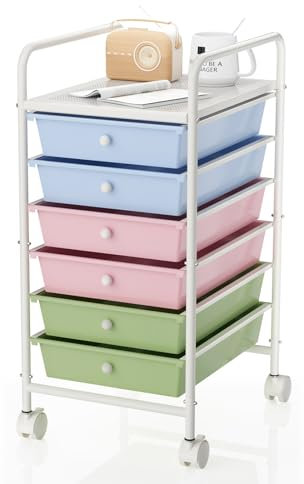 Johgee 6 Drawers Plastic Storage Cart, Multipurpose Mobile Organizer Shelving Unit with Lockable Wheels,Utility Rolling Cart Storage Trolley for Home Office Stationery Makeup Beauty & Salon,Multicolor