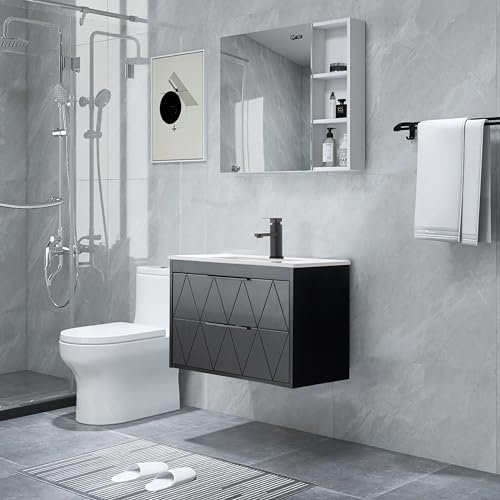 UEV Mobile Bagno Sospeso con Lavabo in Ceramica, 60CM Lavandino Bagno con 2 Cassetti, Lavandino Bagno con Mobiletto Moderno, Soft-Close, Nero