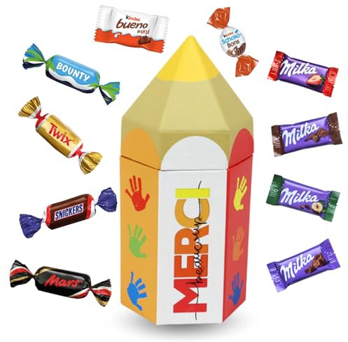 Boite crayon garnie d'un Assortiment de 20 mini-chocolats MILKA, KINDER, CELEBRATIONS | Cadeau de fin d'année pour les Maîtresses, Maîtres, ATSEM & Nounous