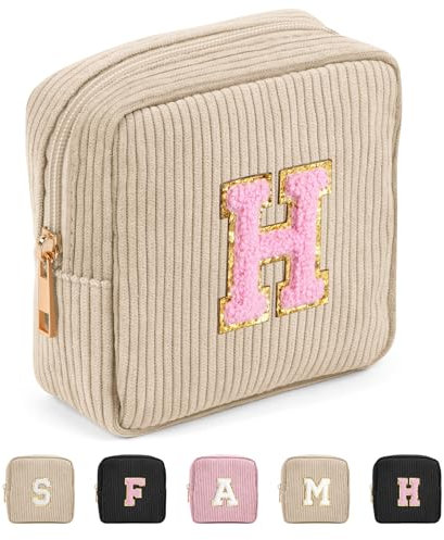 Cord Kosmetiktasche MAGEFY Kleine Make up Tasche für Handtasche Mini Schminktasche für Frauen Reise Personalisierte Letter Kosmetiktasche Kleine, Beige-H