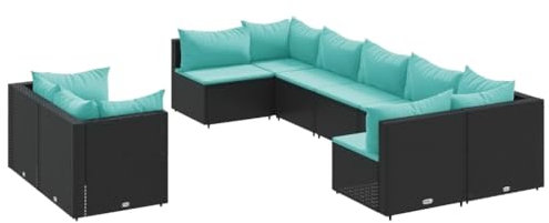 vidaXL Garten Sofa Garnitur 9-TLG., Gartenmöbel Set mit Kissen, Sitzgruppe für Garten Terrasse, Lounge Sitzgarnitur Modular, Schwarz Poly Rattan