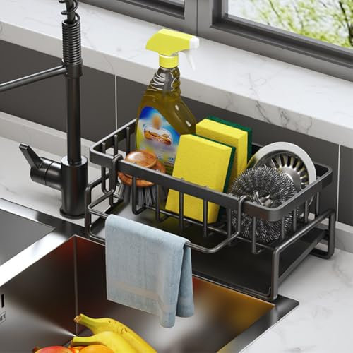 Ainiv Organizador Cocina Fregadero, Negro Soporte Estropajo Fregadero, Porta Estropajos Fregadero con Bandeja Autodrenante, Kitchen Organizer Productos Limpieza, Organizador Fregadero para Cepillos