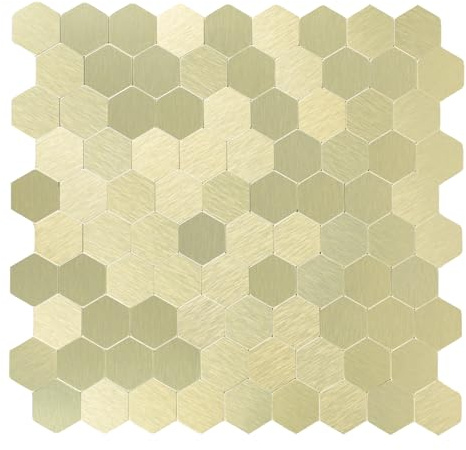 Selbstklebende Mosaikfliesen Wandfliesen, Sechseck Küche Kleine Fliesen Metall Klebefliesen Fliesenaufkleber Bad (6 Matten, Gold)