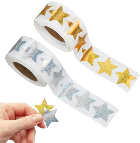 1000 Stück/2 Rolle Aufkleber Sterne Glitzer, Sticker Sterne Klebesterne Gold Sliver, Belohnungssticker für Kinder, Weihnachtsaufkleber Selbstklebende, Stern-Aufkleber für Scrapbooking, Grußkarten