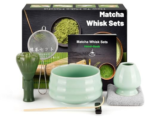 7 Pièces Matcha kit ceremonie japonais, Vert Fouet matcha en résineux, bol matcha, cuillère à thé, Porte-Fouet, kit matcha complet, Coffret matcha, pour la cérémonie du thé, la boisson, Bleu céladon