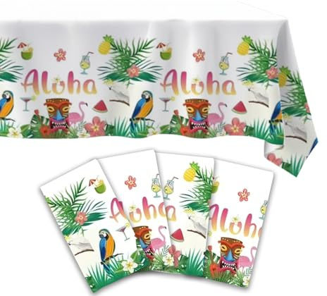 Hawaii-Tischdecken, Hawaii-Party-Dekorationen, Kunststoff-Tischdecke, Flamingo, abwischbar, rechteckig, grüne Palmenblätter, Tischdecke für tropische Sommer-, Strand-, Geburtstagsparty-Dekorationen
