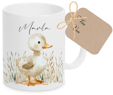 Manufaktur Liebevoll Tasse mit Namen Kinder Kindertasse mit Namen Becher Keramik Mädchen Junge Namenstasse Ente Tier Geschenk