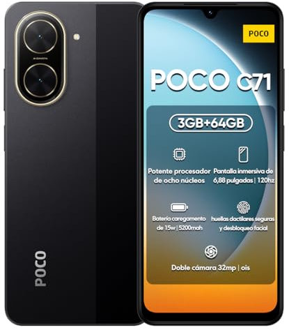 Xiaomi POCO C71 3 + 64 Go/4 + 128 Go Téléphone portable débloqué Écran HD+ 6,88 Double appareil photo 32 Mpx + 8 MP Noir/Bleu/Or (Noir, 3 + 64 Go)
