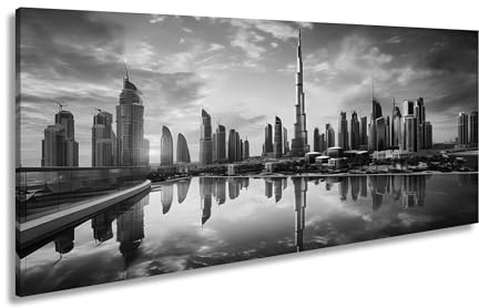 Leinwandbild Gläserne Skyline – Dubai spiegelt sich im Wasser der Dämmerung. Panorama 120x60cm Effekt: Schwarz&Weiß XXL Kunstdruck Bild auf Keilrahmen/Wandbild/Wohnzimmer Dekoration