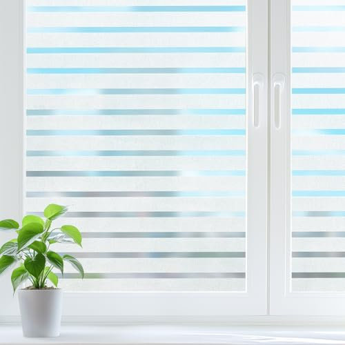 DOWELL Window Film Privacy Film for Glass Windows 44.5x200cm, Classic Stripes Pattern Decorative Sticker Anti UV Static Cling, Glass Vinyl Opaque Non Adhesive, Temporary Blinds for Home, Office