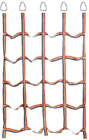 Jungle Gym Cargo Net - Rainbow Climbing Net with Ladder for Kids | Triangle Ring Obstacle Climber, Polyester Rope Playground Equipment for Treehouse, Outdoor Play Yard, Backyard Adventures