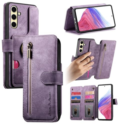 Trugox Handyhülle für Samsung Galaxy A17 4G 5G Hülle Klappbar Klapphülle mit Kartenfächer RFID Reißverschluss Schutzhülle Ringhalter Ring Ständer Handytasche Leder Wallet Case - Violett