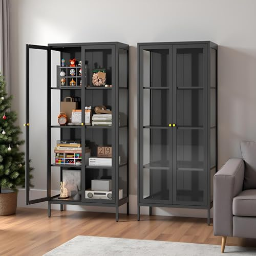 TIMELESS PIECES 4-Lagen Glasvitrine Metall und Glastüren,35x70x168cm | Glasvitrine Stehend Schwarz Vitrinenschrank mit 3 verstellbaren Ablagen,Standvitrine Sammlervitrine für Schlafzimmer Büro