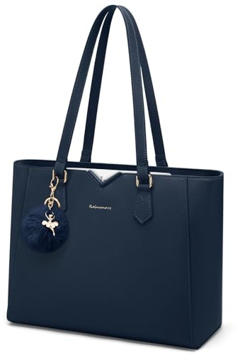 RAINSMORE Handtasche Damen Groß Shopper Tasche Damen PU Leder Laptoptasche Damen Wasserdichte Arbeitstasche Tote Bag mit Reißverschluss Abnehmbarem Pompon für Business Büro Blau
