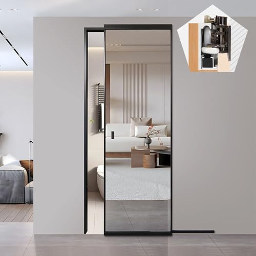 Binario per Porta Scorrevole Ferramenta per Porte Scorrevoli a Specchio Nascoste, Porta Invisibile Senza Binario con Chiusura Ammortizzata, Binario per Porta Bypass 81-180 cm(132cm/52in)
