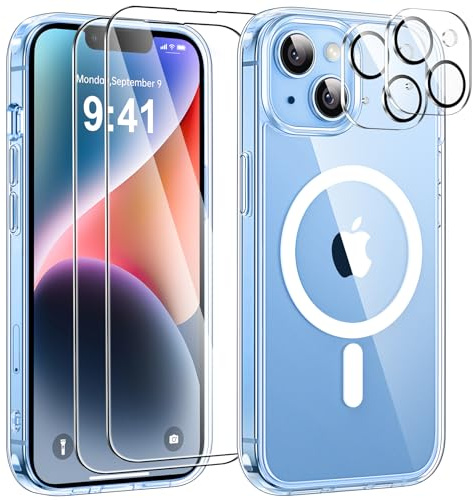 ivencase Magnetic for iPhone 14 Case with 2 Pack Screen Protector and 2 Pack Camera Lens Protector, Compatible with MagSafe, Shockproof Protective Clear Back Phone Case for iPhone 14 6.1 Inch -Clear