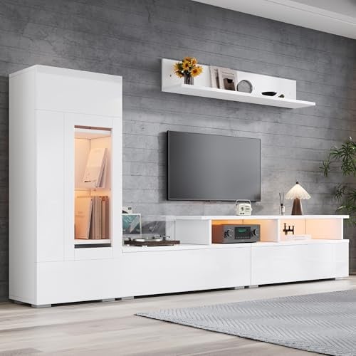 Merax Wohnwand 3-Teilig Set, Wohnzimmer Möbel Set Hochglanz mit LED, TV Lowboard, Wandregal, Vitrine Hängend oder Stehend, Wohnzimmermöbel Komplett, Elegante Schrankwand Mediawand, Weiß