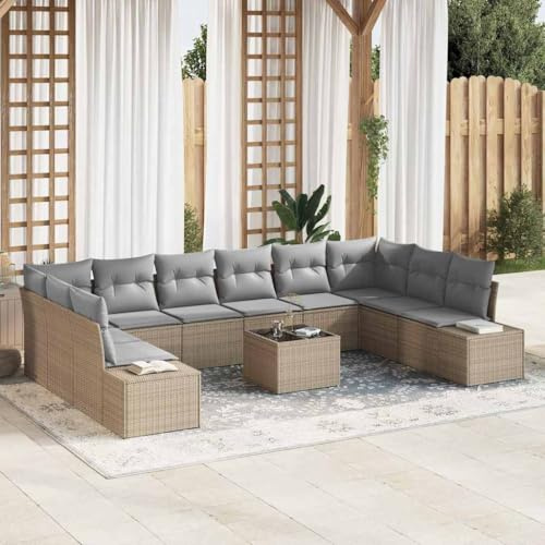 Owoxanthellate Gartensofa-Set 11-TLG Beige Poly-Rattan klappbar wetterfest modular für 10 Personen Eckbank mit Tisch gemütliche Outdoor Loungemöbel für Balkon Terrasse Garten
