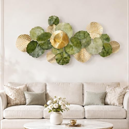 Generisch Metall Wanddeko,3D Blätterdesign,130×64cm,Olivgrün-Gold | Handgefertigt,handkoloriert,für Wohnzimmer und Schlafzimmer,horizontal oder vertikal aufhängbar,Montagezubehör inklusive