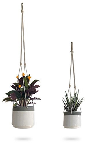 Ceramic Hanging Planter, White Gray Succulent Pots, Round Plant Holder Container, Cactus Pot with Cotton Rope Hanger, Indoor Outdoor Decor, 23 Bees (2 Pack x White)