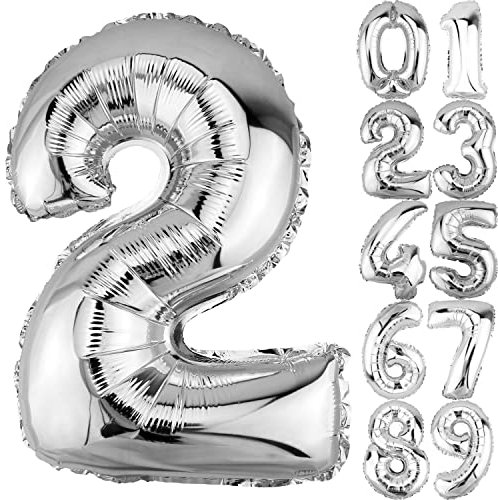 DekoRex Folienballon Silber 40cm Geburtstag Jubiläum Hochzeit Deko (Zahl 2)