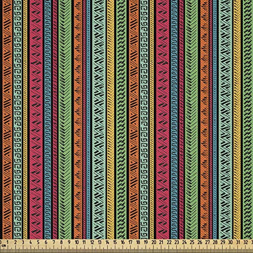 ABAKUHAUS Hippie Stoff als Meterware, Native Grenzen, Seidiger Satin Stoff für Polster Heimtextilien, 1M (148x100cm), Orange Blau