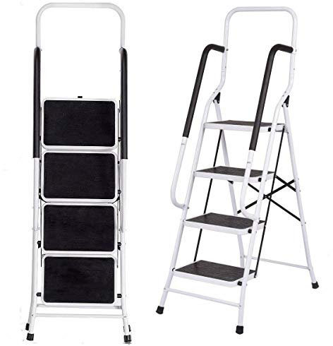 Escalera plegable antideslizante de 4 peldaños con pasamanos de seguridad, acero resistente y compacto, capacidad máxima de 150 kg