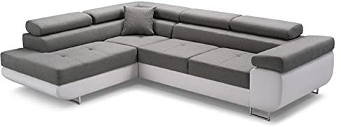 A-dekor home Ecksofa Antonia L-Form Schlafsofa Wohnlandschaft Links/Rechts Couch, Bettkasten,Schlaffunktion, 3 verstellbaren Kopfstützen, viele Farbvarianten (Links, Sioux 1115 Lux 5 – Grau und Weiß)