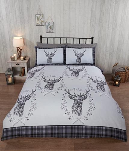 Rapport Home Bettwäsche-Set aus 100% gebürstetem Baumwollflanell, Motiv: Angus-Hirsch-Motiv, für den Winter, Einzelbett, Grau