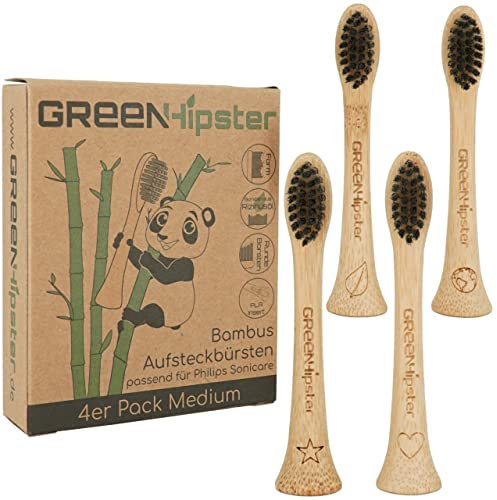 GREENHipster 4er Aufsteckbürsten aus nachhaltigem Bambus | Bürstenköpfe passend für Philips Sonicare Schallzahnbürsten | Aufsätze 100% BPA frei | Ersatzbürsten Erwachsene (schwarz - mittelweich)
