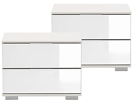 Lomadox Schlafzimmer 2er Set Nachttisch Nachtschrank für Boxspringbett in weiß mit weißem Glas, B/H/T ca. 52/40/38 cm