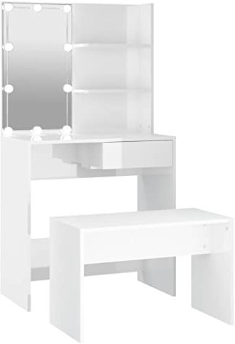 vidaXL Schminktisch Set mit LED Frisiertisch Kommode Frisierkommode Kosmetiktisch Hocker Spiegel Schminkhocker Schlafzimmer Hochglanz-Weiß Holzwerkstoff