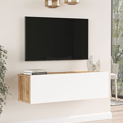 [en.casa] TV Lowboard Lapinlahti TV Schrank hängend TV Board 30 x 100 x 32 cm Fernsehschrank mit 1 Tür Wandregal Fernsehtisch Eicheoptik rustikal/Weiß