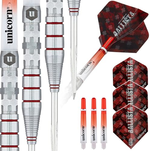 Unicorn Steel Tip Darts Set | Ballista Style 3 | 90% Natural Tungsten Barrels with Red Accents & Volute Points | 25 g