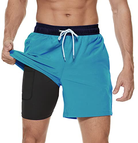 Arcweg Men's Swim Trunks Mens Swimming Shorts with Compression Liner Quick Dry Stretchy 2 in 1 Board Shorts with Zipper Pockets Navy+Blue 2XL(UK)