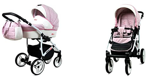 BabyLux White Lux 2-in-1 Baby Kinderwagen Tief und Kinderwagen mit Zubehör Verstellbar und faltbar Aluminium Konstruktion Wasserdicht Nicht abnehmbare Räder Sweet Pink