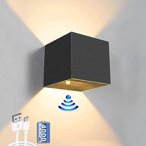 Wandleuchte mit Bewegungsmelder Innen 7W, Wandlampe Innen Aluminium Wandlampe Akku 4000mAh USB Aufladbare Wandleuchte mit Einstellbar Abstrahlwinkel Magnetische Flurlampe für Wohnzimmer -Warmweiß