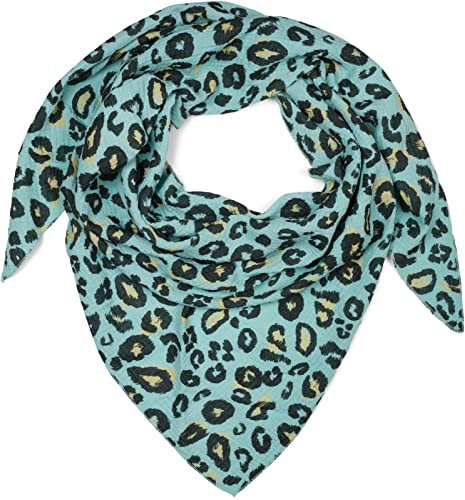 styleBREAKER Damen Baumwoll-Musselin Dreieck Schal mit Leoparden Muster, Musselin Schal, Leichtes Tuch 01020045, Farbe:Türkis