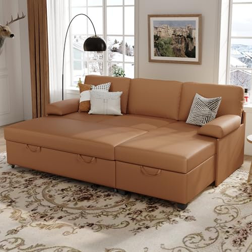 COPIAE 203CM L-förmiges Schlafsofa, 2-in-1-Ausziehsofa mit Polsterkissen, Kunstledercouch mit Stauraum& Abnehmbarer Armlehne, Modernes Komfortables Schlafsofa für Wohnzimmer Schlafzimmer