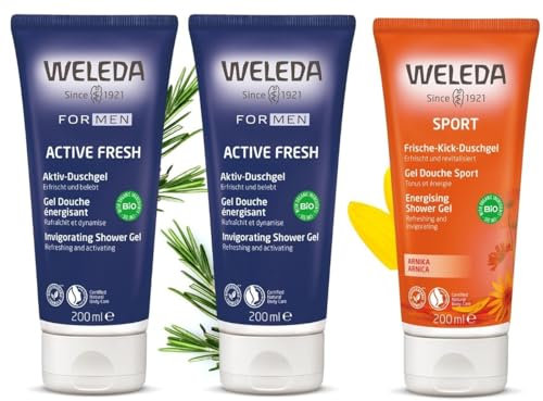 WELEDA - TRIO Active fresh - Gel Douche énergisant X2 + Gel Douche Sport à l'Arnica X1 - Vegan* - Certifié Natrue ** - Tube de 3 * 200 ml