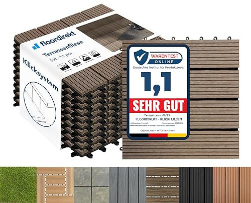 Floordirekt Piastrelle giardino esterno ad incastro WPC 30x30cm, 1m² 11 pezzi, per terrazzo, balconi in legno Composito Pavimenti da Esterno con funzione di drenaggio | Marrone scuro | Royal