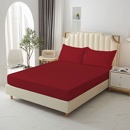 Spannbettlaken 120x200cm Rot Spannbetttuch Dunkelrot Bettlaken Boxspringbett mit Gummizug Spannbettuch Mikrofaser für Matratzen von 30 cm Mit 2 Kissenbezüge 80x80 cm