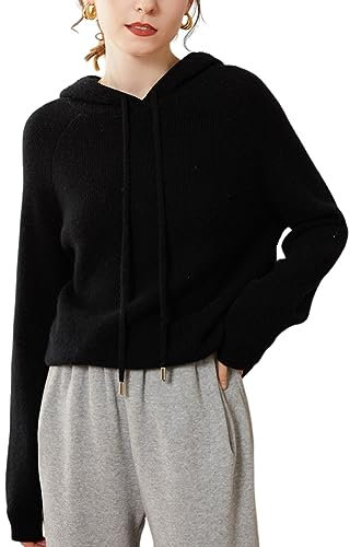 DISSA Women Cashmere Jumper Black Hoodie Sweater Long Sleeve Relaxed Cashmere Wool Thick Jumper Solid Color Ladies Sweater,12,SPR1210
