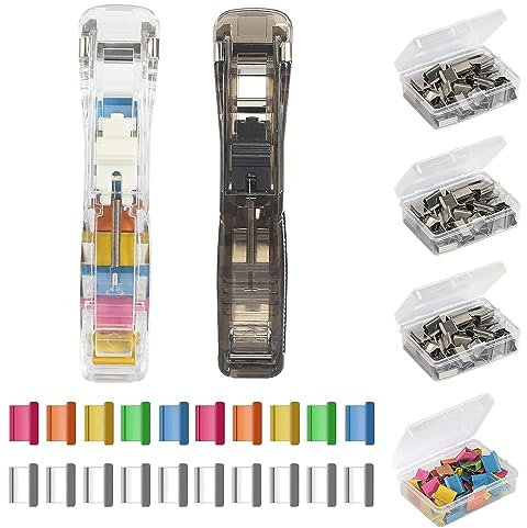 2 Stück Hefter für Bürobedarf mit Clips, Hefter Hefter Clip, Hefter Ohne Klammern, Wiederverwendbare Hefter mit 200 Edelstahl-Nachfüllklammern, für Küchen, Büros, Schulen und Andere