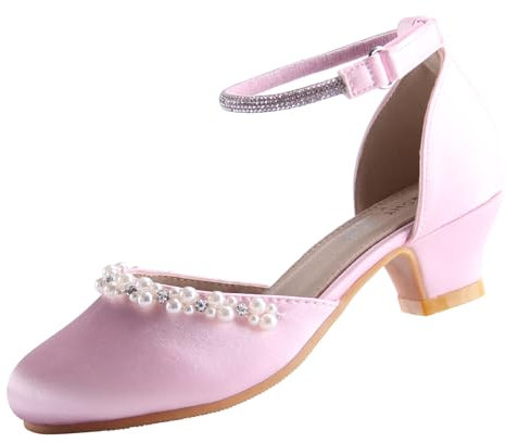 EIGHT KM Scarpe Mary Jane con Tacco Alto da Ragazza Principessa per Matrimonio e Festa EKM7033 Seta Liscia Lucida perlacea Rosa Taglia EU 27