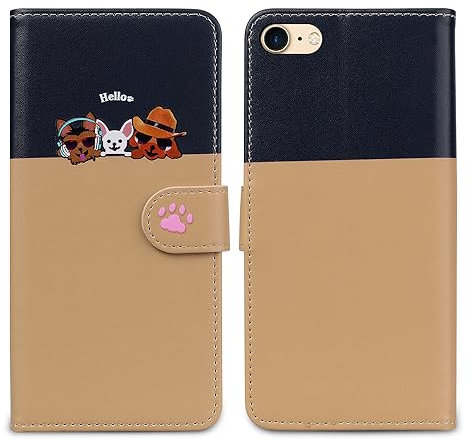 Nbziyoo Phone Case for iPhone 7/8,Cartoon Cats/Dogs Patterns Flip Wallet Case with Card Slots, Premium Magnetic PU Leather Cover Case for iPhone SE(2020)/SE(2022), Khaki